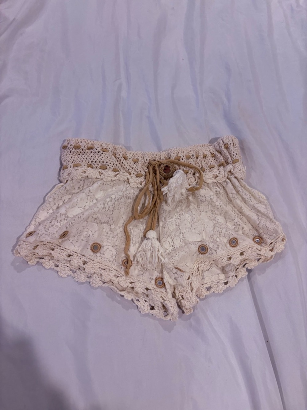 RAGA Cream Crochet Drawstring Shorts